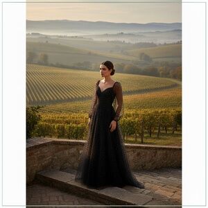 $5995 NWT Monique Lhuillier Jet Black Dotted Tulle Runway Gown